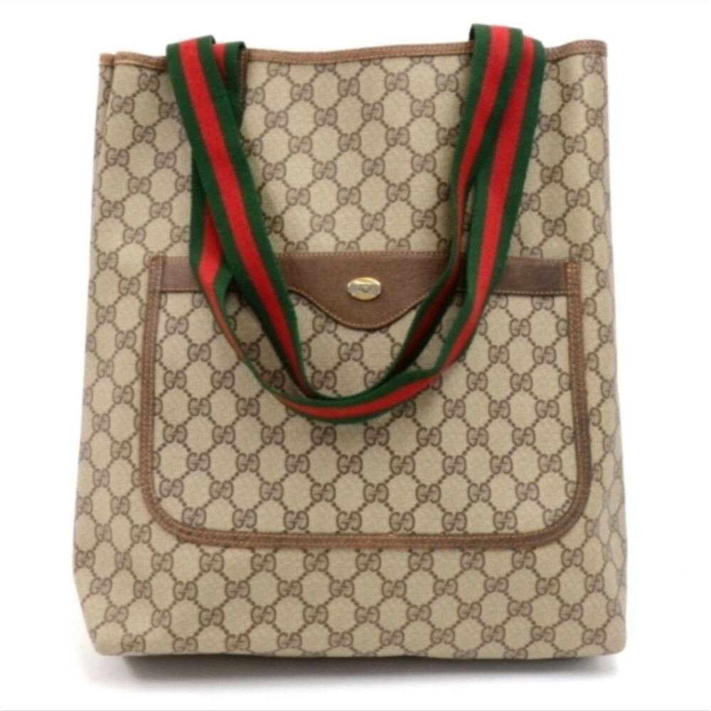 Gucci Beige Monogram Tote with Green and Red Straps.